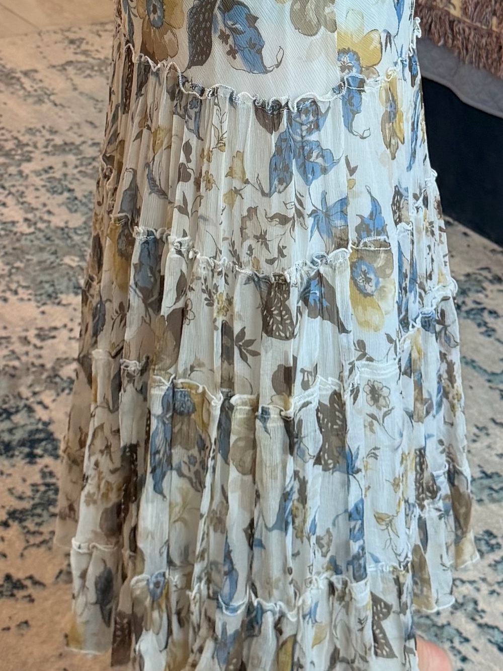 Floral Tiered Maxi Skirt in Cream and Blue - Picture 1 of 4